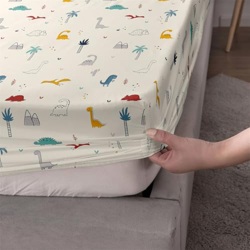 FANSU Spannbettlaken mit Tiermotiv Polyester Bettlaken 30cm Extra Tiefe Taschenlaken Weiche Bequem Spannbetttuch für Einzelbett Doppelbett Boxspringbett (90x200+30cm,Dinosaurierwelt)