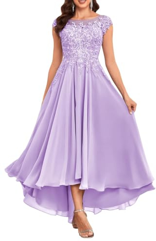 KURFACE Mother of The Groom Dresses for Wedding Tea Length Petite Lace Appliques Chiffon Lilac Prom Formal Gowns UK16