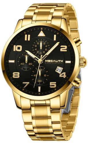MEGALITH Relojes Hombre Militar Analogico : Cronógrafo Acero Inoxidable Calendario - Deportivo Reloj Hombre Oro Regalo