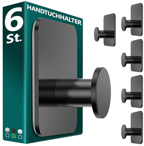 Menz Handtuchhalter ohne Bohren in Schwarz, 6 Stück – Robuste Badezimmer Handtuchhalter, moderne Klebehaken, Haken fürs Bad, Haken selbstklebend, ideal als funktionale Handtuchhaken
