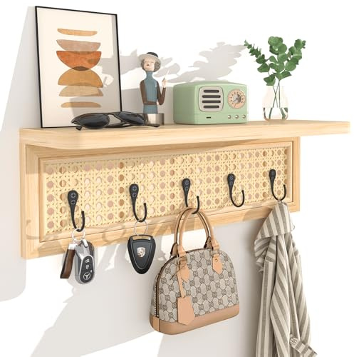 Homode Coat Rack Wall Mount with Shelf, Boho Rattan Entryway Wall Shelf with Hooks, Natural Wood Floating Shelves with 5 Pegs, Hanging Coat Hooks Hat Hanger for Nursery Bedroom Living Room Kitchen