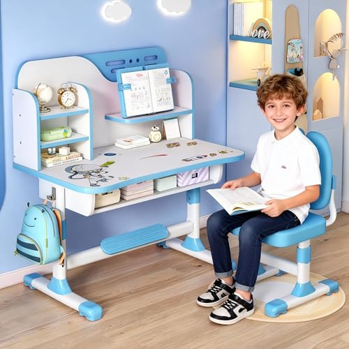 Kids Study Desk Chair Set, Height Adjustable Children's Desk and Chair Toddler Desk with Ergonomic Chair, School Study Table Chair with Cartoon Pattern, Writing Board, Bookshelf and Drawer (Blue)