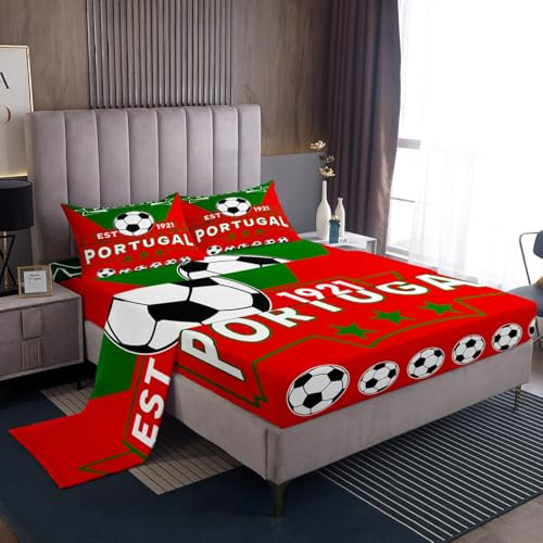 Feelyou Football Sport Sheet Set Twin Size Soccer Theme for Kids Boys Bed Sheets Portugal Football Teens Bed Set Red Green Sheets 3Pcs,1 Fitted Sheet+1 Pillow Sham+1 Flat Sheet