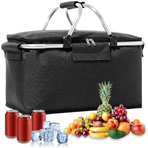 Einkaufskorb Faltbar,18L Thermo Einkaufskorb als Picknickkorb,Einkaufskorb mit Deckel, Aluminiumgestänge Tragegriffen und Reißverschluss, Einkaufskorb für Reisen, Picknick, Einkaufen(Schwarz)