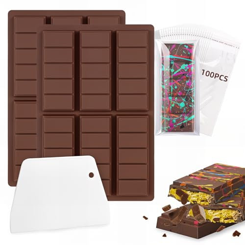 Bugucat Juego de moldes de chocolate de silicona, 2 moldes de chocolate con raspador y 100 bolsas de embalaje, molde de silicona para chocolate, perfecto para hacer chocolate (rectángulo)