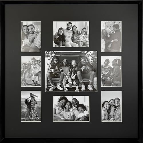 pf+a Large Multi Aperture Picture Frame With Black Mount - Modern collage frame featuring 9 openings suitable for 6 6x4 photos, 2 7x5 photos and 1 10x8 photo
