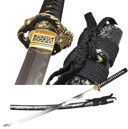 Katana Schwert Scharf Echt Lehmgehärteter Damaststahl Samurai Schwert 103CM Alle Messingbeschläge Gold-Silber und Blattgold