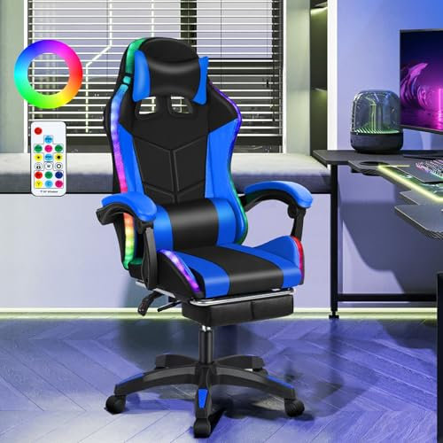 ohfruit Gaming Chair with Footrest, 360° Swivel Seat, Ergonomic Computer Chair with Lumbar Support, Head Rest, PC Chair for Adults, Game Chairs with RGB LED Lights, Adjustable Swivel Task Chairs Bla