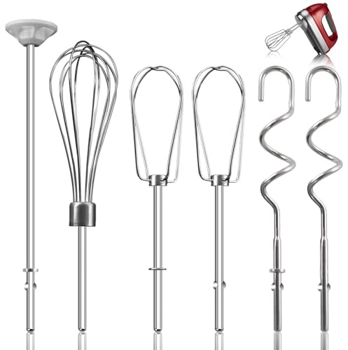 Hand Mixer Attachments Beater for Kitchenaid Hand Mixers KHM3 KHM5 KHM7 KHM9, Including Whisk, Mixing Rod and Dough Hook, Stainless Steel Hand Mixer Accessories (Set of 6)