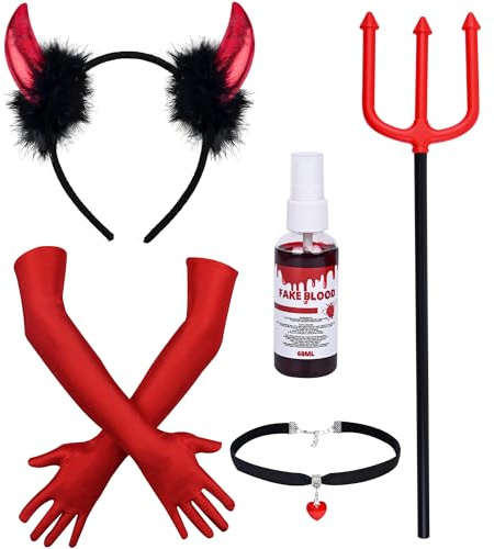 PAPU Teufel Kostüm Damen,5er Teufelshörner Handschuhe Dreizack,Kunstblut Spray Gothic Halskette Set,Teufel Accessoires Damen Mädchen Devil Costume Haarreif Teufelskostüm für Halloween Karneval