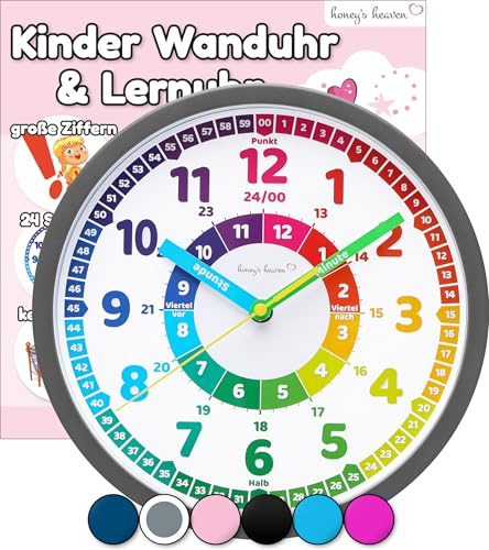 Honey's Heaven Wanduhr für Kinder - Lernuhr zum Lernen der Uhrzeit - analoge Kinderuhr ohne Tick Geräusche, mit lautlosem Uhrwerk - Kinderzimmer Deko für Jungen und Mädchen (Grau)