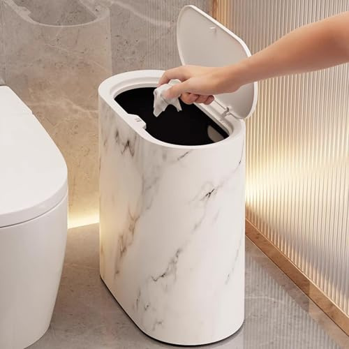 Bathroom Trashcans with Lids, Plastic Marble Wood Pattern Trash Can Small Garbage Bin with Lid for Bathroom Narrow Wastebasket Modern Waste Basket for Home Indoor Hotel (White)