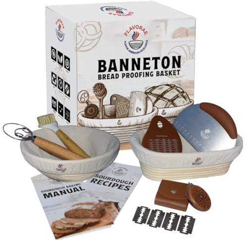 Flavorae Bread Proofing Basket Set of 2 – Round 9” & Oval 10” Banneton with Liners, Sourdough Starter Kit, Natural Rattan Dough Proofing Baskets for Artisan Bread Baking