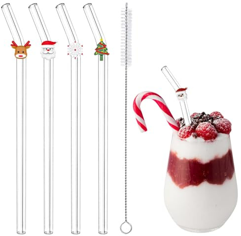 4 Pcs Christmas Reusable Glass Straws, Cute Christmas Shaped | ncludes Cleaning Brushes, Glass Straws with Charms for Xmas Party and Decoration, Clear Straws for Coffee, Juice, 20cm