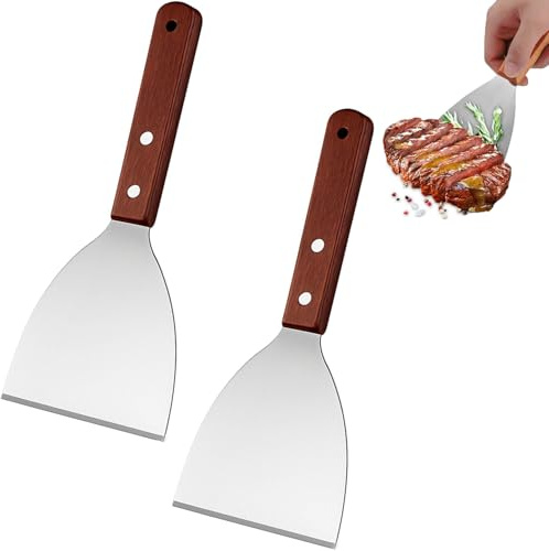 2 Pack Stainless Steel Griddle Scrapers with Wooden Handles – Slant Edge Grill Tools for BBQ, Flat Top Grills & Kitchen Cleaning, Ideal for Pancakes, Pizza & Food Service, Dishwasher Safe