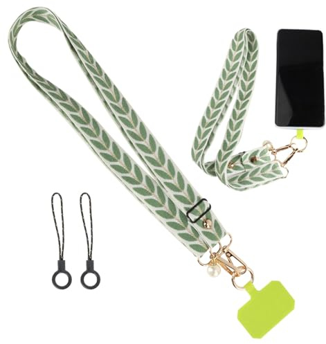 JRILUO Verde Cordino per cellulare Universale, Regolabile laccetto Universale per telefono a Catena, Cavo per cellulare con foglie e perline, Compatibile con Maggior Parte Smartphone