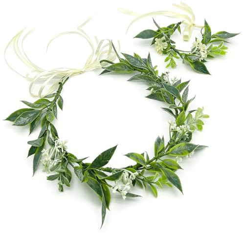 HUKUMA Waldfee Kostüm Damen,1 Stück Grüne Blattblumen Kopfschmuck und 1 Stück Blatt Blumen Armband,Waldfee Kopfschmuck,Elfen Blumenkrone,Haarschmuck Hochzeit für Damen