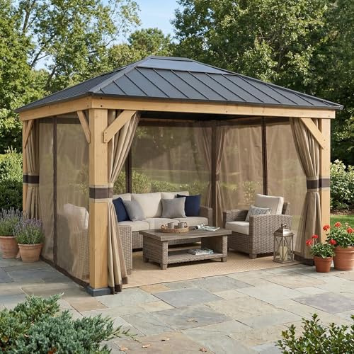 SUNJOY Gazebo en Bois à Toit Rigide 336 x 394 cm, Structure en Cèdre, Toit en Acier avec Lanterneau Polycarbonate, Pavillon Extérieur Permanent, Rideaux et Moustiquaire, pour Jardin, Terrasse