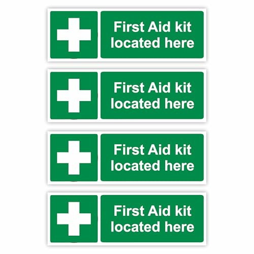 4-Pack First Aid Kit Located Here Self Adhesive Signs / 5x15cm Each (Pack of 4) / Landscape Orientation Removable & Wipeable/Indoor or Outdoor Stickers/Gloss Finish /