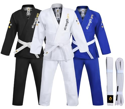 Premium BJJ Gi Men Preshrunk Brazilian Jiu Jitsu Gi IBJJF Approved Judo Gi Mens BJJ Gi Kimono Jiu Jitsu with Free Belt (350gsm Gi, White, A2)