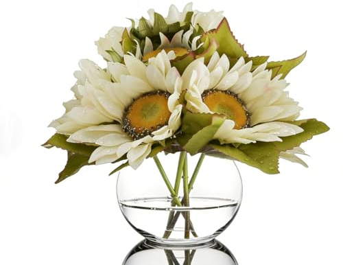 Cream White Artificial Sunflowers with Glass Vase – Aesthetic Japandi & French Country Home Decor, Boho Wedding Table Centerpiece, Minimalist Office Desk Flower Arrangement Gift (Off-White)