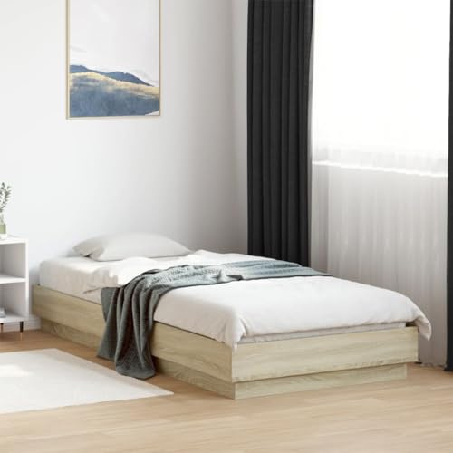Hoopleep Sonoma-Eiche Bettgestell 90x200 cm, Modernes Einzelbett aus Holzwerkstoff mit Robusten Sperrholzlatten, Stabile Plattform für Schlafzimmer, Kein Boxspring Erforderlich