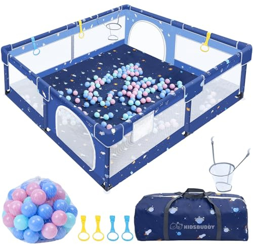 Verdego Parque infantil de 150 x 180 x 66 cm, plegable, con anillas para tirar, pelotas, malla transpirable 210D, color azul oscuro