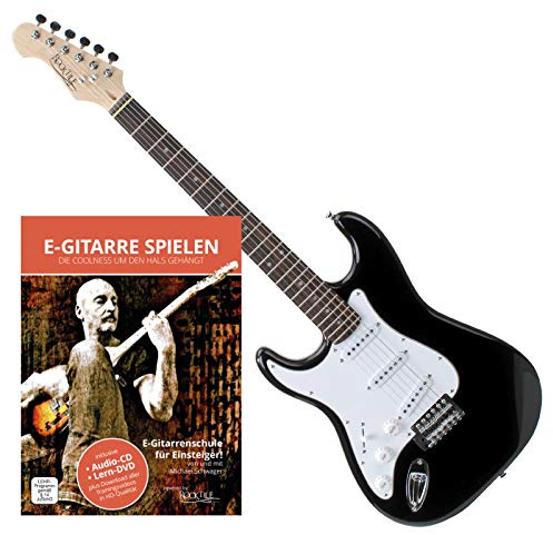 Rocktile Pro ST3 BK Linkshänder E-Gitarren-Set mit Gitarrenschule – E-Gitarre für Anfänger – inkl.E-Gitarren Schule mit beiliegender CD – Linkshänder E-Gitarre Einsteigerpaket - Schwarz