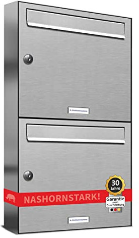 AL Briefkastensysteme 2er Briefkastenanlage aus V2A Edelstahl, Premium Doppel-Briefkasten DIN A4, 2 Fach Postkasten modern Aufputz