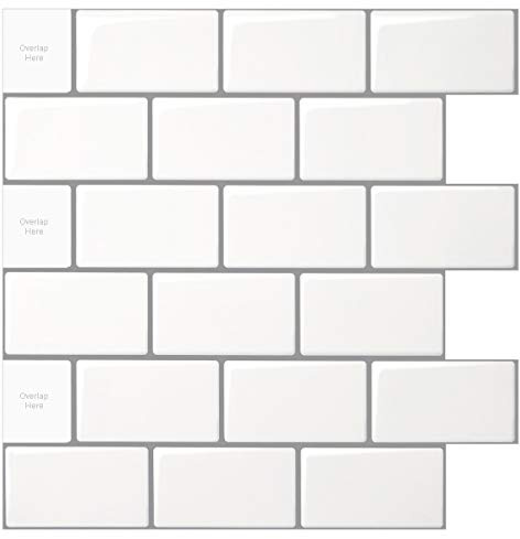 LONGKING Peel and Stick Tile for Kitchen Backsplash,Off White Subway Tile with Grey Grout 30 * 30cm (10 Pack)