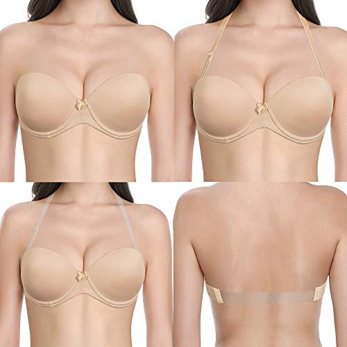 YBCG Women's Strapless Push up Padded Convertible Multiway Underwire Bra with Clear Strap for Dance Wedding Party Beige 34D