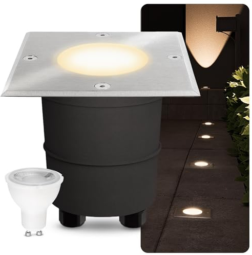 SSC-LUXon Madon Spot LED encastrable au sol extérieur carré IP67 – Spot de sol praticable et résistant au piétinement avec ampoule LED GU10 3 W blanc chaud