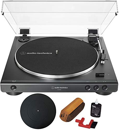 Audio-Technica AT-LP60X-BK Fully Automatic Belt-Drive Stereo Turntable 33-1/3 & 45 RPM Black with Essentials Bundle Includes Protective Turntable Platter and Vinyl Record Cleaning System