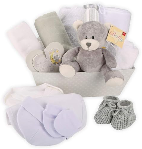 Baby Gift Unisex Hamper - with Fleece Wrap, Hooded Towel, Baby Clothes, 2 Muslin Cloths and Cute Teddy Bear…