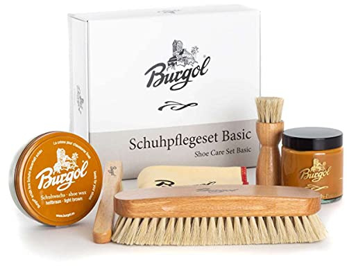 Burgol Schuhpflegeset Basic mit Schuhpomade, Schuhwachs, Rosshaarbürsten und Poliertuch: Farbe: Hellbraun