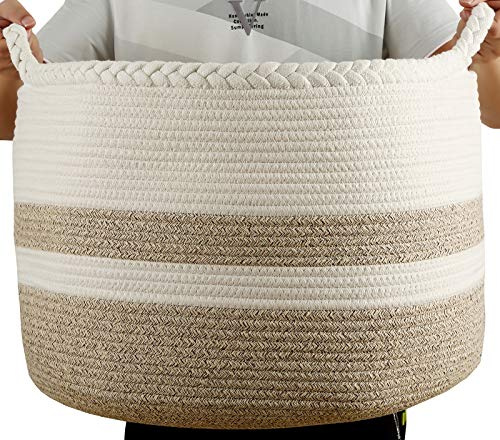 WUWEOT Extra Large Cotton Rope Basket, 50 x 50 x 33 cm Playroom Storage Organizer, Living Room Blanket Storage with Handle, Woven Nursery Laundry Basket for Clothes, Blanket, Towels, Toys