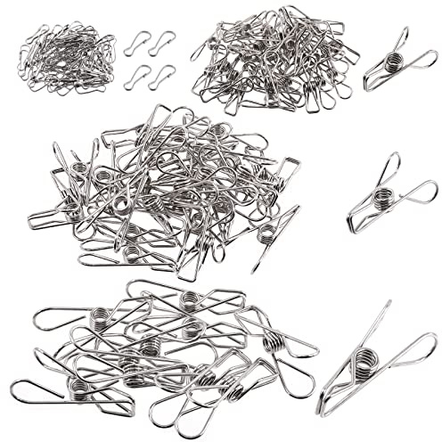 Swpeet 145Pcs 1.7inch 2.4inch 3.2inch Stainless Steel Clothes Pins with Metal Spring Hooks Kit, Multi-Purpose Wire Clip Windproof Clothespin Metal Clips Holders for Clothes