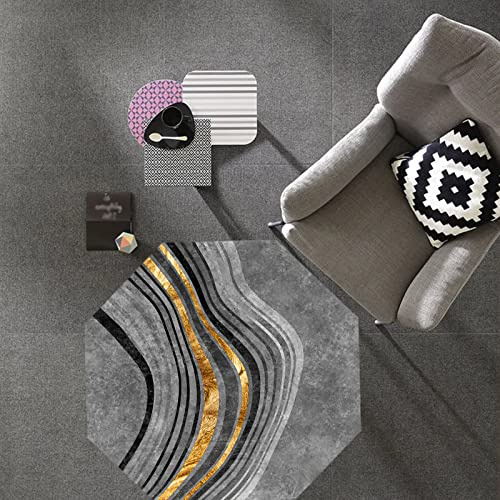 makeups69 Achteckig Kurzflor Teppiche Waschmaschinenfest, Modern Design Teppiche für Wohnzimmer Schlafzimmer Esszimmer Kinderzimmer,goldene graue Schwarze geometrische Linien Octagon 140 x 140 cm