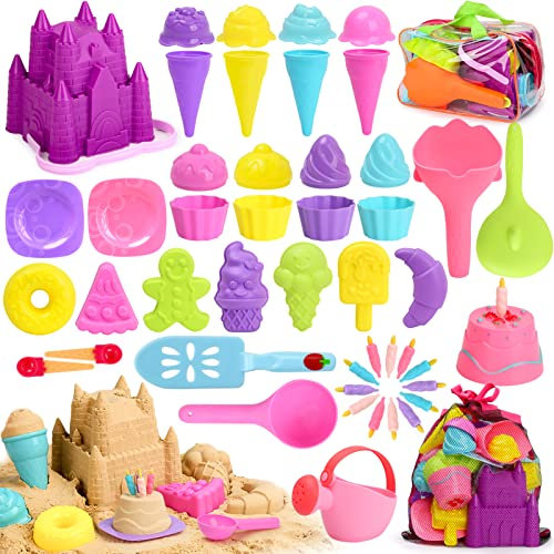 Joyreal 48 Stück Sandspielzeug EIS Set Mädchen Junge - Sandkasten Spielzeug Strandspielzeug Kinder mit Castle Eimer, Sandschaufel, EIS, Nachtisch, Fahrzeug für Kinder 3 4 5 6 7