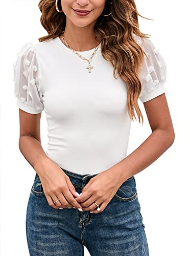 Women's Swiss Dots Sheer Mesh Sleeve Rib Bodysuit Tops Casual Round Neck Form Fitting Knit Jumpsuits Blouse Shirts White Medium