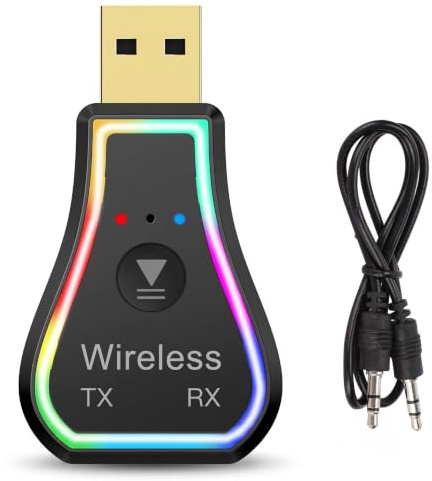 Receptor Transmisor USB Bluetooth 5.0, Mini Adaptador de Audio Inalámbrico 2 en 1, Adaptador AUX Bluetooth LED RGB para TV, PC, Auriculares, Altavoces, Estéreo para el Hogar del Coche