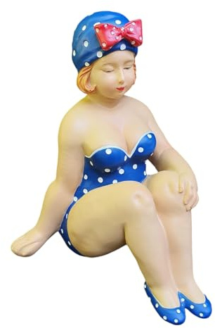 Aspinaworld Gartenfigur Badenixe Bodensitz 19 cm blau-weiß gepunktet mit roter Schleife – Badefrau selbstsicher am Teichrand und Brunnen, Badefigur Garten Deko wetterfest Kunstharz