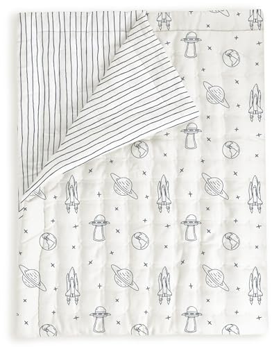 MakeMake Organics Organic Toddler Comforter GOTS Certified Organic Crib Blanket Cotton Infill Tufted Reversible - Ultra Soft Breathable (44x60, Astronaut + Blue Pebble)