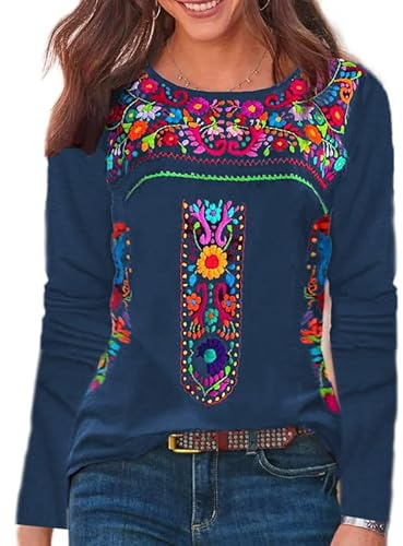 Melliflo Long Sleeve Mexican Shirts for Women Floral Embroidered Peasant Blouse Ethnic Style Boho T-Shirts(Navy Blue. Small)