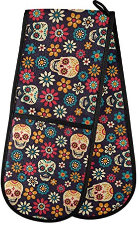 Double Oven Glove Floral Sugar Skull Heat Resistant Double Ovens Mitt Modern Cooking Gloves Potholders
