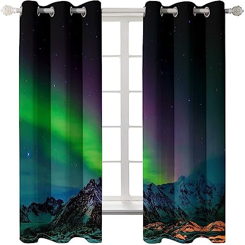 Homxi Gardinen Blickdicht Schlafzimmer 2er Set,2 x 107W x 183H cm,Vorhänge Schlafzimmer Blickdicht Schwarz Lila Grün Polarlicht Vorhang Ösen