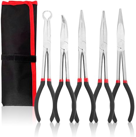 KEJJNYER 5 Pack Spark Plug Wire Removal Pliers, 11 inch Spark Boot Removal Plier for Car, Long Needle Nose Pliers Set, Offset Spark Plug Pliers Pulling Tool, 25, 45, 90Degrees