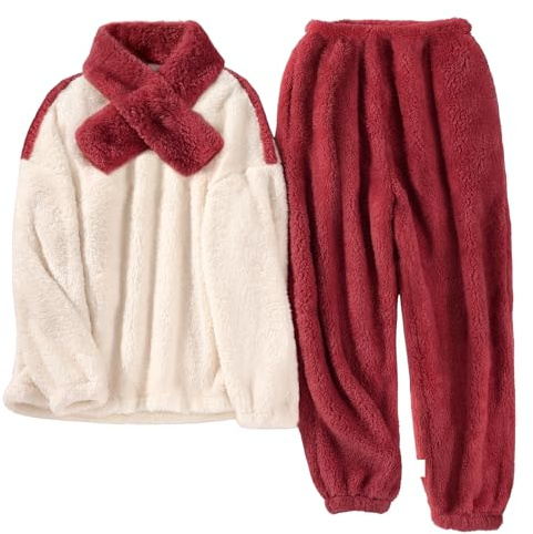 TOMEEK Damen Schlafanzug Set Winter Kuscheliger Polar Fleece Freizeitanzug mit Langarm-Oberteil Hose und Schal Gemütliche Nachtwäsche PJS für Frauen