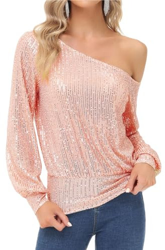 KANCY KOLE Frauen Funkelnde Pailletten Tops Plus Size Langarm Tops Rose Gold XXL