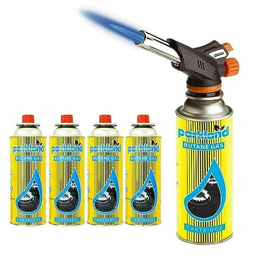 High-Powered Butane Blow Torch Flamethrower - Auto Ignition, Ideal for Welding, Soldering, Weed Burning, BBQ, Kitchen, Camping, and Creme Brulee Food Torch (Blow Torch + 4 Canister)